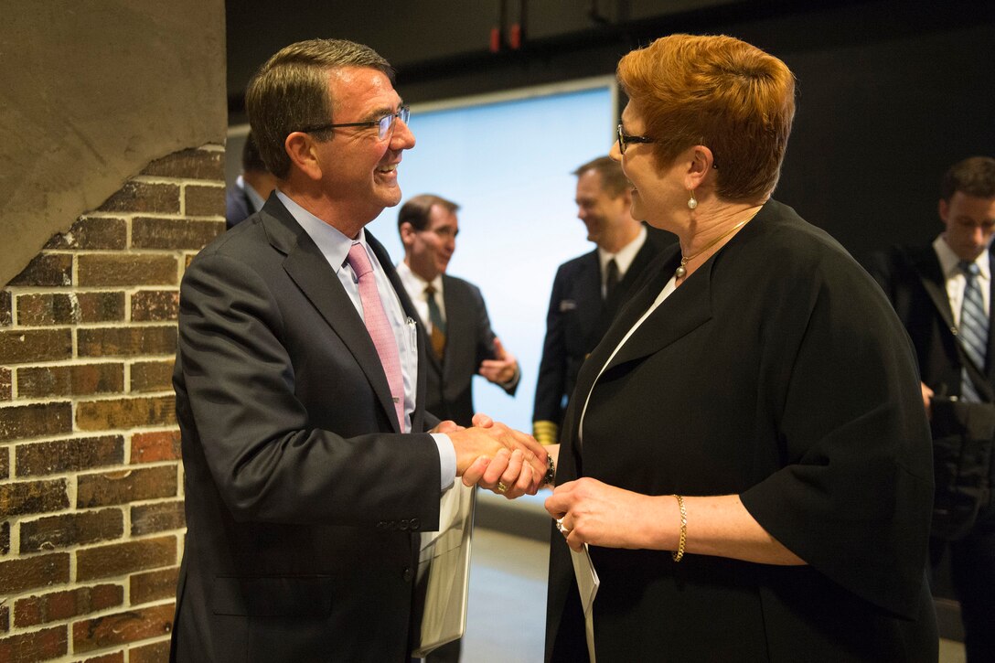 Defense Secretary Ash Carter says goodbye to Australian Defense Minister Marise Payne following a joint press conference at the Australia–U.S. Ministerial Consultations in Boston, Oct. 13, 2015. DoD photo by Air Force Senior Master Sgt. Adrian Cadiz
