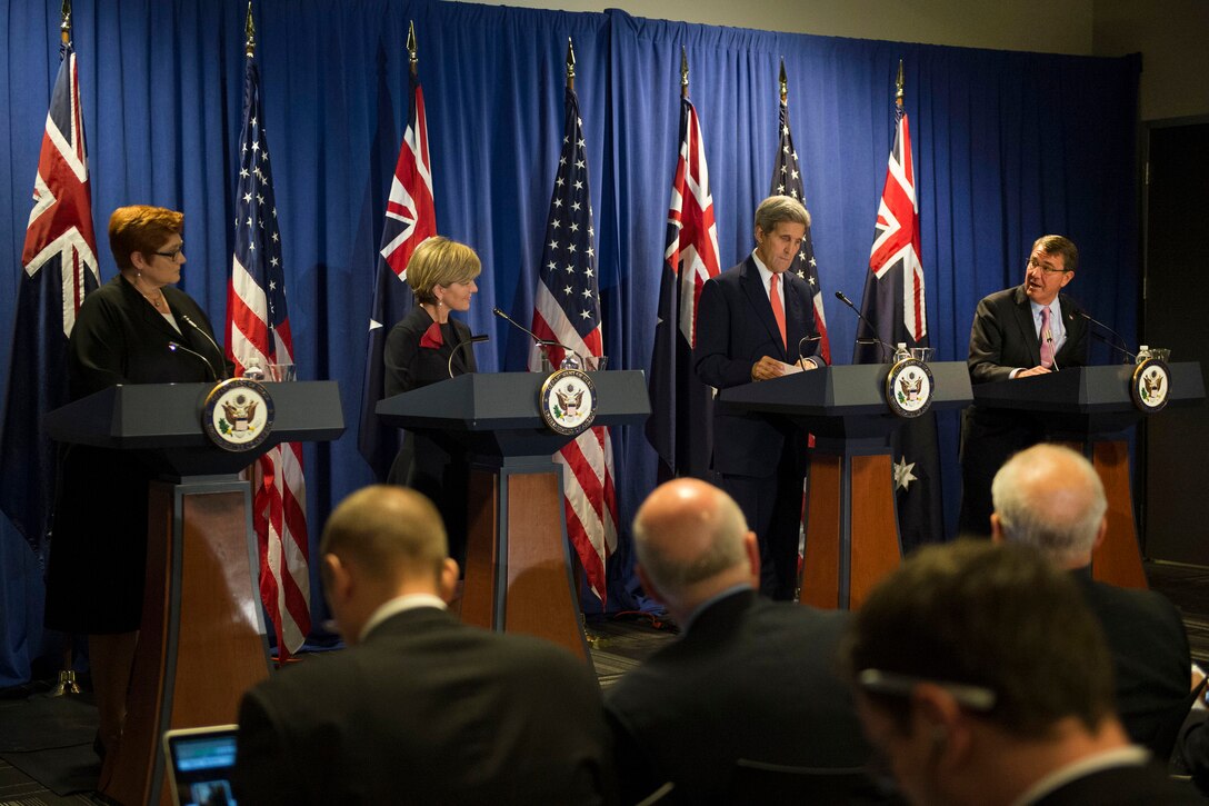 U.S. Defense Secretary Ash Carter, right, speaks at a joint news conference with, from left, Australian Defense Minister Marise Payne, Australian Foreign Minister Julie Bishop and U.S. Secretary of State John Kerry during the Australia-U.S. Ministerial Consultations in Boston, Oct. 13, 2015. DoD photo by Air Force Senior Master Sgt. Adrian Cadiz