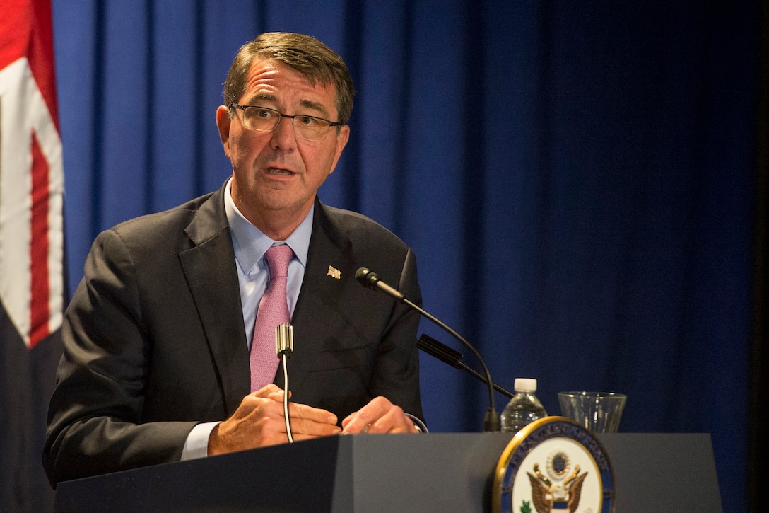 U.S. Defense Secretary Ash Carter speaks at a joint news conference with Secretary of State John Kerry, Australian Defense Minister Marise Payne and Australian Foreign Minister Julie Bishop during the Australia-U.S. Ministerial Consultations in Boston, Oct. 13, 2015. DoD photo by Air Force Senior Master Sgt. Adrian Cadiz