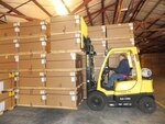 Jay Painter, warehousing work leader, moves material during DLA Distribution Anniston’s support to Operation Inherent Resolve.