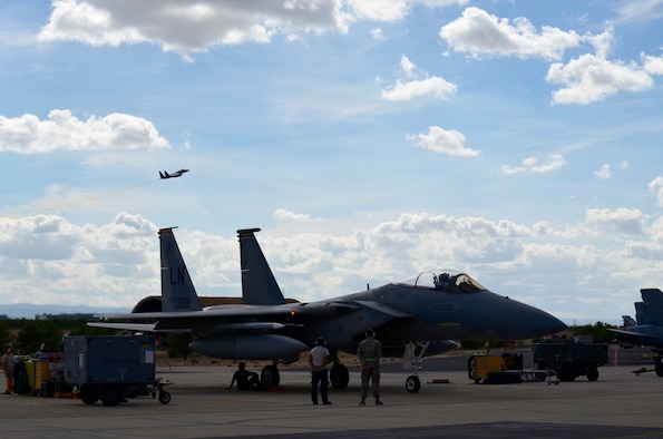 Two F-15C Eagles assigned to the 493rd Fighter Squadron from Royal Air Force Lakenheath, England, prepare for takeoff during the final week of the NATO Tactical Leadership Program in Albacete, Spain, Oct. 8, 2015. Throughout the program, NATO and allied pilots prepared to become mission commanders by leading coalition strike packages and by instructing allied flying and nonflying personnel in matters related to tactical air operations. (U.S. Air Force photo/Capt. Sybil Taunton)