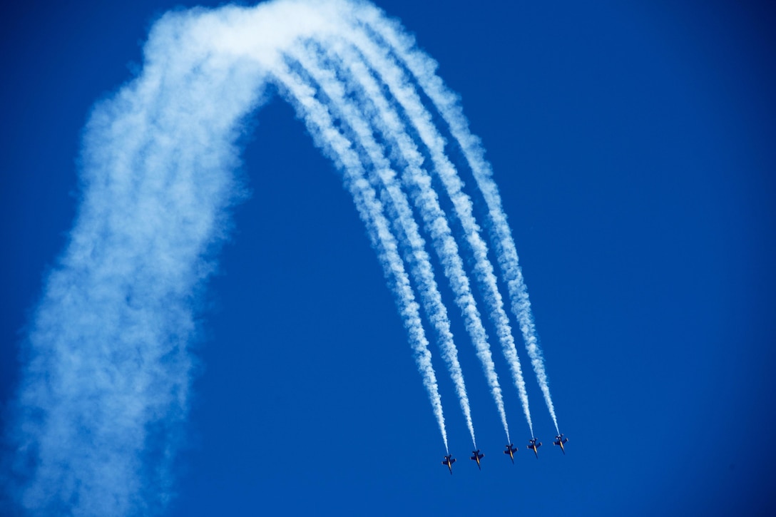 Members of the Blue Angels, the U.S. Navy flight demonstration squadron, perform during San Francisco Fleet Week 2015 in San Francisco, Oct. 10, 2015. San Francisco Fleet Week, now in its 35th year, celebrates the naval tradition in the Bay Area and facilitates annual disaster preparedness training between the Navy, Marine Corps, Coast Guard and local first responders. U.S. Navy photo by Petty Officer 2nd Class Christopher Lindahl