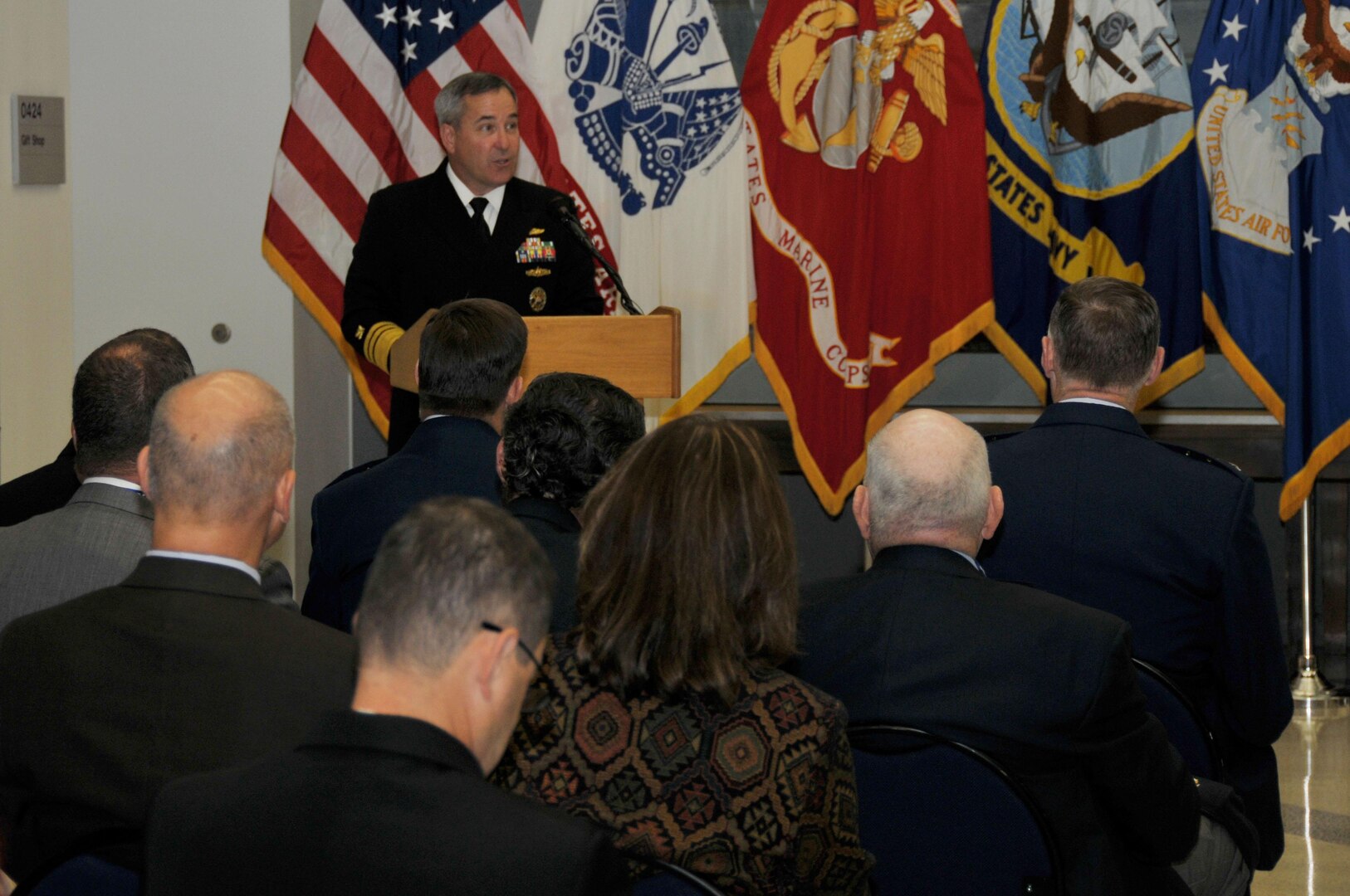 Navy Vice Adm. William Brown, director of logistics for the Joint Chiefs of Staff, describes the successes of the U.S. Navy during a celebration of the service’s 240th birthday at the McNamara Headquarters Complex Oct. 13.