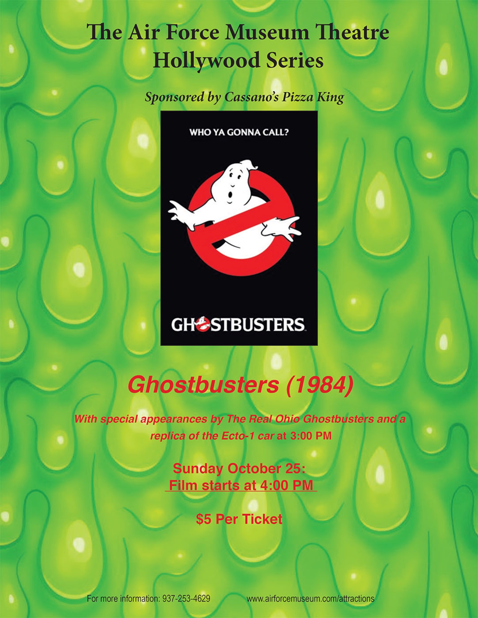 The original 1984 film "Ghostbusters" will be shown at 4 p.m. on Oct. 25, 2015, at the Air Force Museum Theatre. Come early to see a full-scale replica of the Ecto-1 (the Ghostbuster’s famous car) and a team of Ghostbusters. (Photo provided)