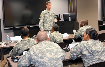 U.S. Army Medical Department Center and School, U.S. Army Health Readiness Center of Excellence, Command Sgt. Maj. Andrew Rhoades speaks to a class attending the Sexual Harassment/Assault Response and Prevention course Sept. 25 in Willis Hall, AMEDDC&S, HRCoE.  The training ensures AMEDDC&S HRCoE maintains a sufficient number of victim advocates and SHARP advisors to assist command teams with prevention and awareness, training and responding to reports of sexual harassment and sexual assault.