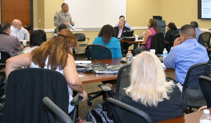 Brig. Gen. Jeffrey Gabbert speaks with Mission and Installation Contracting Command small business specialists from throughout the country during a June roundtable workshop at Fort Sam Houston. Gabbert is the MICC commanding general.