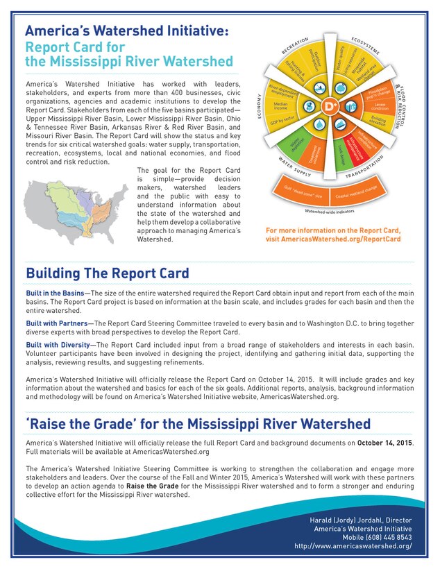 Leaders representing organizations from more than 20 states gathered in St. Louis on Oct. 14 to announce the release of a first-ever Report Card for the entire Mississippi River basin, which stretches across all or part of 31 U.S. states and covers more than 41 percent of the continental United States. The leaders were part of America’s Watershed Initiative, which has worked with more than 700 stakeholders and experts from over 400 business, government and science organizations to identify the key measurements and data sources to grade six goals for the watershed: clean, abundant water; marine transportation; flood control and risk reduction; the economy; recreation; and ecosystem health. 