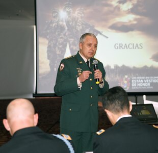 Maj. Gen. Alberto Jose Mejia Ferrero, commander of the Colombian Army takes the opportunity to address the U.S. Army South and Colombian delegates prior to the start of the 2015 Staff talks with a concentrated focus on his vision of the future for the Colombian army.