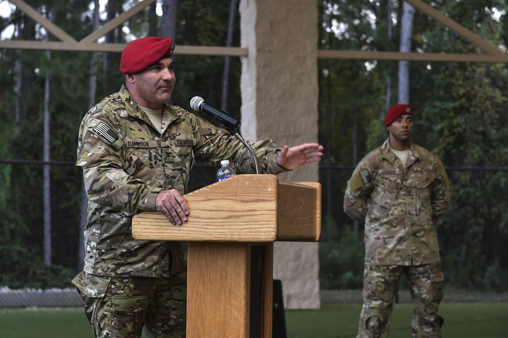 Col. Wolfe Davidson, 24th Special Operations Wing, addresses Gold Star families, friend and Special Tactics Airmen after 20 Special Tactics Airmen finished an 812-mile memorial march from Texas to Florida. The memorial march is only completed when a Special Tactics Airmen is killed in action. This march was specifically in honor of Capt. Matthew Roland and Staff Sgt. Forrest Sibley, who were killed in action Aug. 26, 2015.