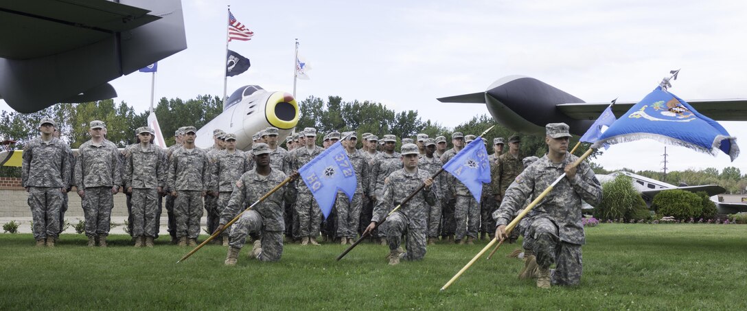 Soldiers of the 372nd Military Intelligence Battalion conduct an activation ceremony at the Selfridge Air National Guard museum on 12 Sept. The event symbolizes the Army tradition of recognizing the activation of a Army unit with a direct mission in support of the Department of Defense.  Col. Andrew Udzielak, Commander of the 648th Regional Support Group officiated the event, while the 338th Army Band entertained those in attendance.
