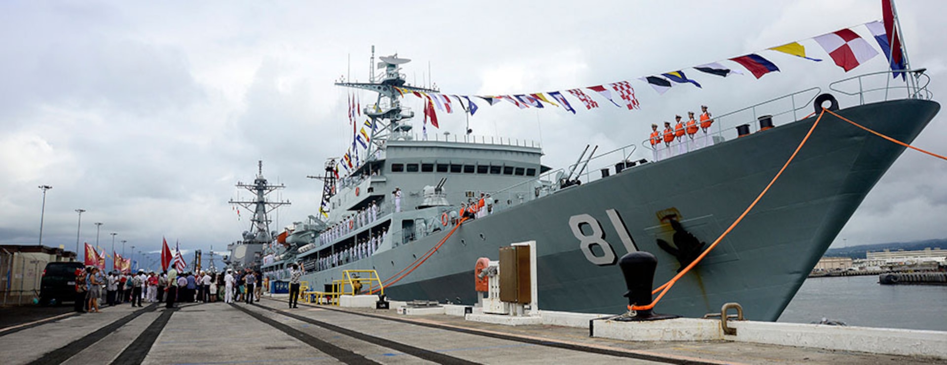 PEARL HARBOR (Oct. 12, 2015) - The People's Liberation Army Navy midshipmen training ship Zheng He (Type 679, Hull 81) is moored pierside at Joint Base Pearl Harbor-Hickam, Hawaii during a scheduled port visit. Personnel from Zheng He are scheduled to participate in several exchanges during the visit with Sailors assigned to the guided-missile cruiser USS Chosin (CG 65). 