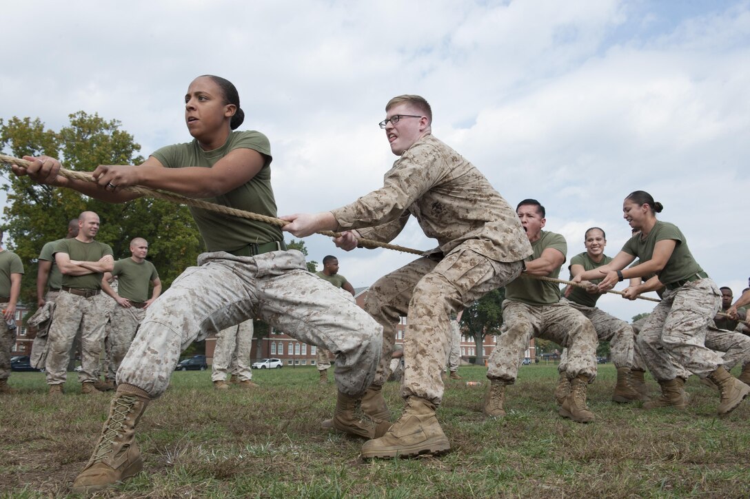 U.S. Marines of Headquarters and Service Battalion participate in an annual field meet that honors the beginning of the Combined Federal Campaign, Quantico, Va., Oct. 8, 2015. (U.S. Marine Corps photo by Cpl. Diana Sims/Released)