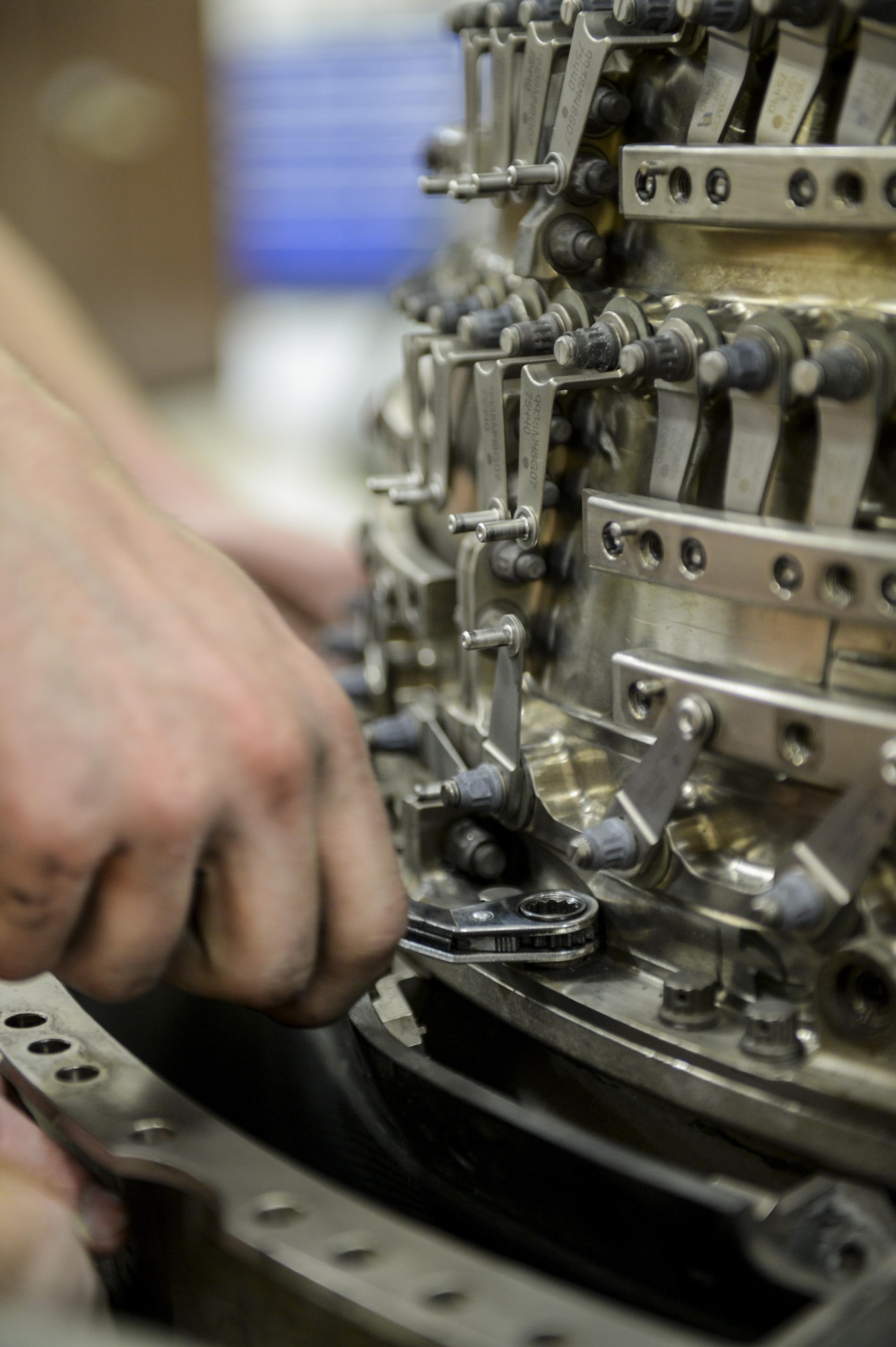 U.S. Air Force Senior Airman Cody Bowman, a 354th Maintenance Squadron aerospace propulsion journeyman, services a jet engine compressor Oct. 8, 2015, during an engine rebuild in the Engine Shop at Eielson Air Force Base, Alaska. Bowman disassembled the compressor for a fan blade inspection. (U.S. Air Force photo by Senior Airman Peter Reft/Released) 