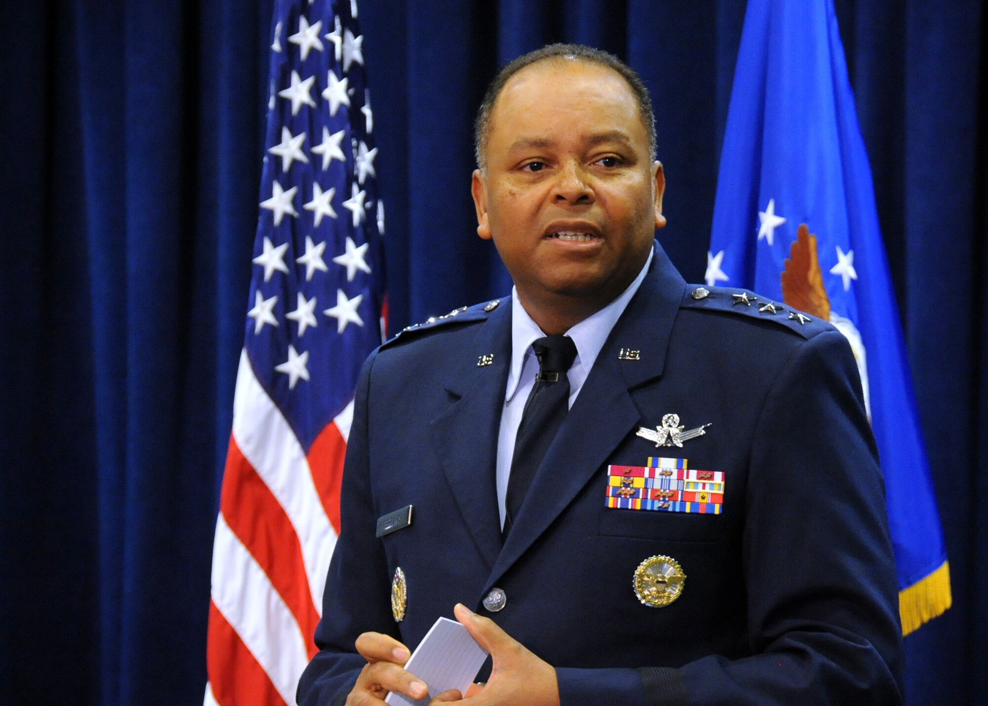 Lt. Gen. Samuel Greaves, Space and Missile Systems Center commander and Air Force Program Executive Officer for Space addresses the audience at the stand-up of the new Launch Systems Enterprise Directorate, Oct 14. (U.S. Air Force photo/Van De Ha)