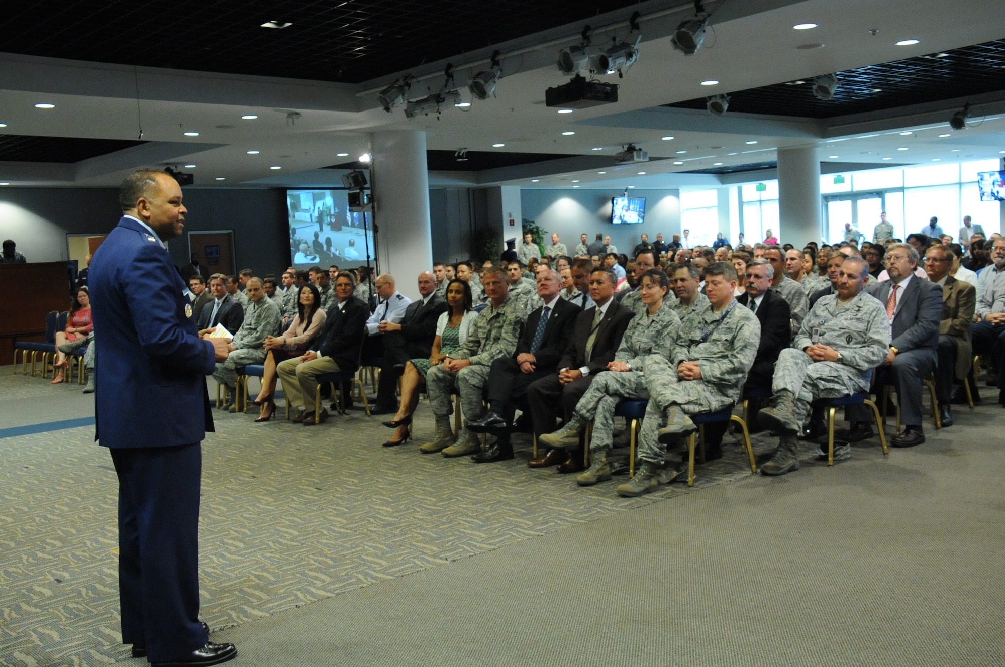 Lt. Gen. Samuel Greaves, Space and Missile Systems Center commander and Air Force Program Executive Officer for Space speaks at the stand-up of the new Launch Systems Enterprise Directorate, Oct 14. (U.S. Air Force photo/Van De Ha)