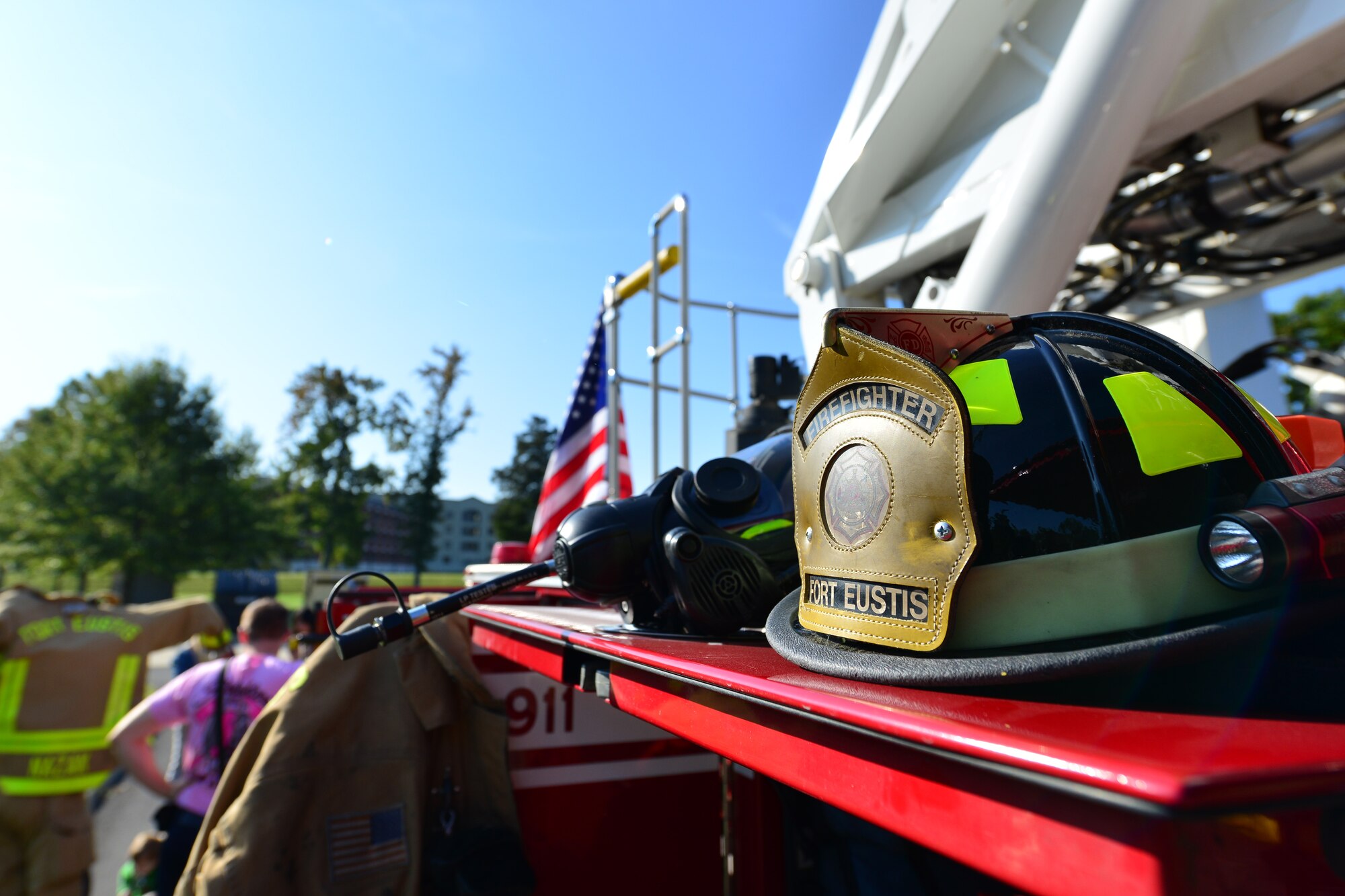 Fort Eustis Fire Department members visit the child development center at Fort Eustis, Va., Oct. 8, 2015. The fire department visited the centers as part of Fire Prevention Week, which took place Oct. 5-10. (U.S. Air Force photo by Staff Sgt. Natasha Stannard/Released) 