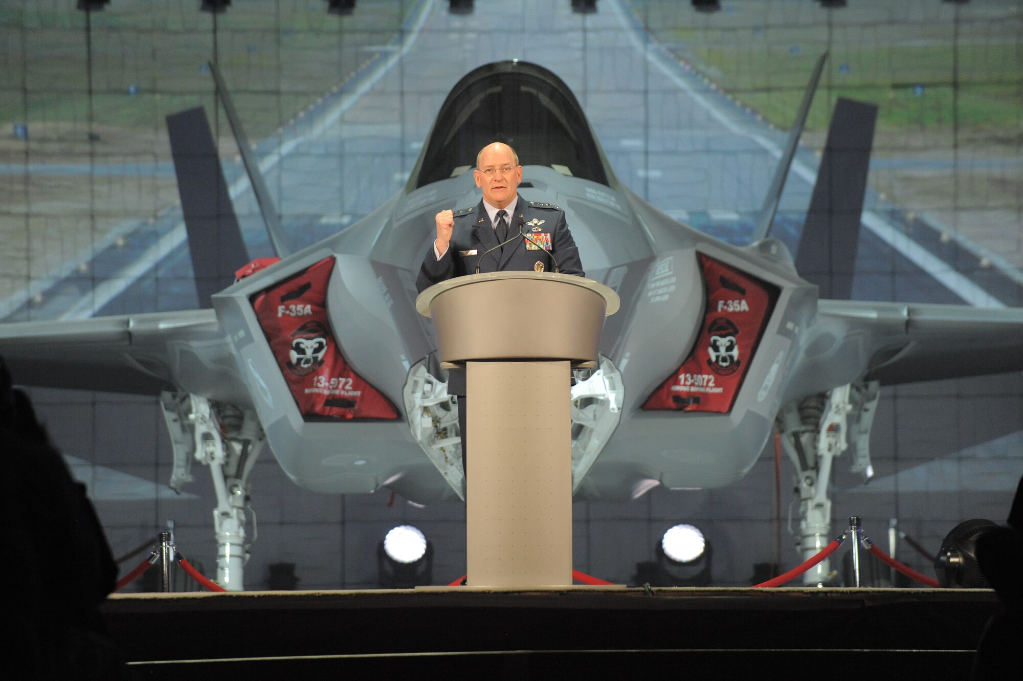Lt. Gen. James “JJ” Jackson, chief of Air Force Reserve and commander of Air Force Reserve Command, speaks at the F-35 arrival ceremony at Hill Air Force Base, Utah, Oct. 14. The ceremony, hosted by Lockheed Martin, marked the beginning of F-35 operations at the active-duty 388th Fighter Wing and Reserve 419th Fighter Wing. (U.S. Air Force photo/Todd Cromar) 