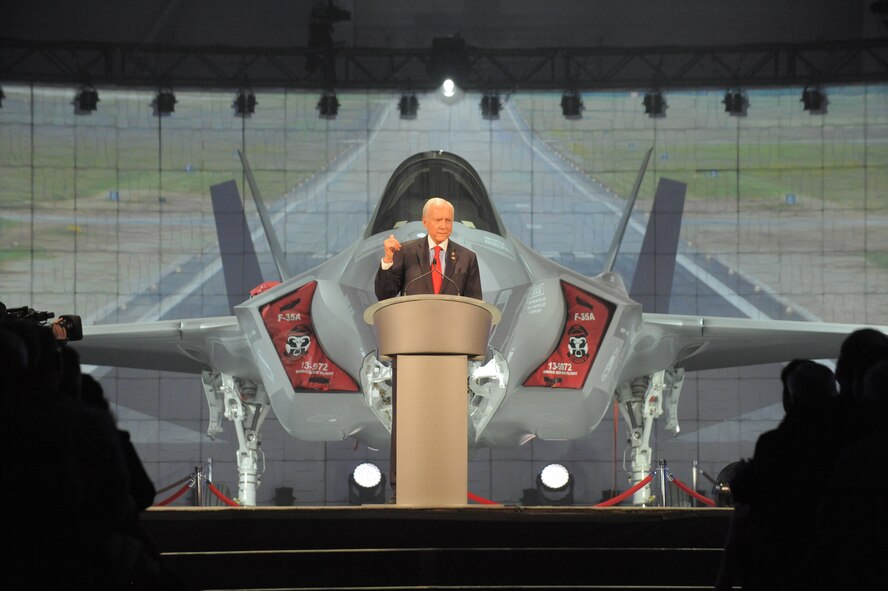 Utah Senator Orrin Hatch speaks to an audience gathered to witness an F-35 unveiling ceremony at Hill Air Force Base, Utah, Oct. 14. Earlier this year, the re-activation of the 34th Fighter Squadron marked an historic milestone for the Air Force, as the unit became the first operational Air Force unit to fly combat-coded F-35s. The 388th and 419th Fighter Wings received the first two combat-coded F-35s Sept. 2. (U.S. Air Force photo by Todd Cromar /Released)