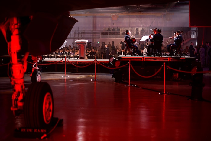 The United States Air Force Band of the Golden West's Travis Brass ensemble performs during an F-35A Lightning II aircraft unveiling ceremony at Hill Air Force Base, Utah, Oct. 14, 2015. The unveiling commemorated the arrival of the Lightning II to the base. The 388th and 419th Fighter Wings at Hill were selected as the first Air Force units to fly combat-coded F-35s. (U.S. Air Force photo by R. Nial Bradshaw/Released)