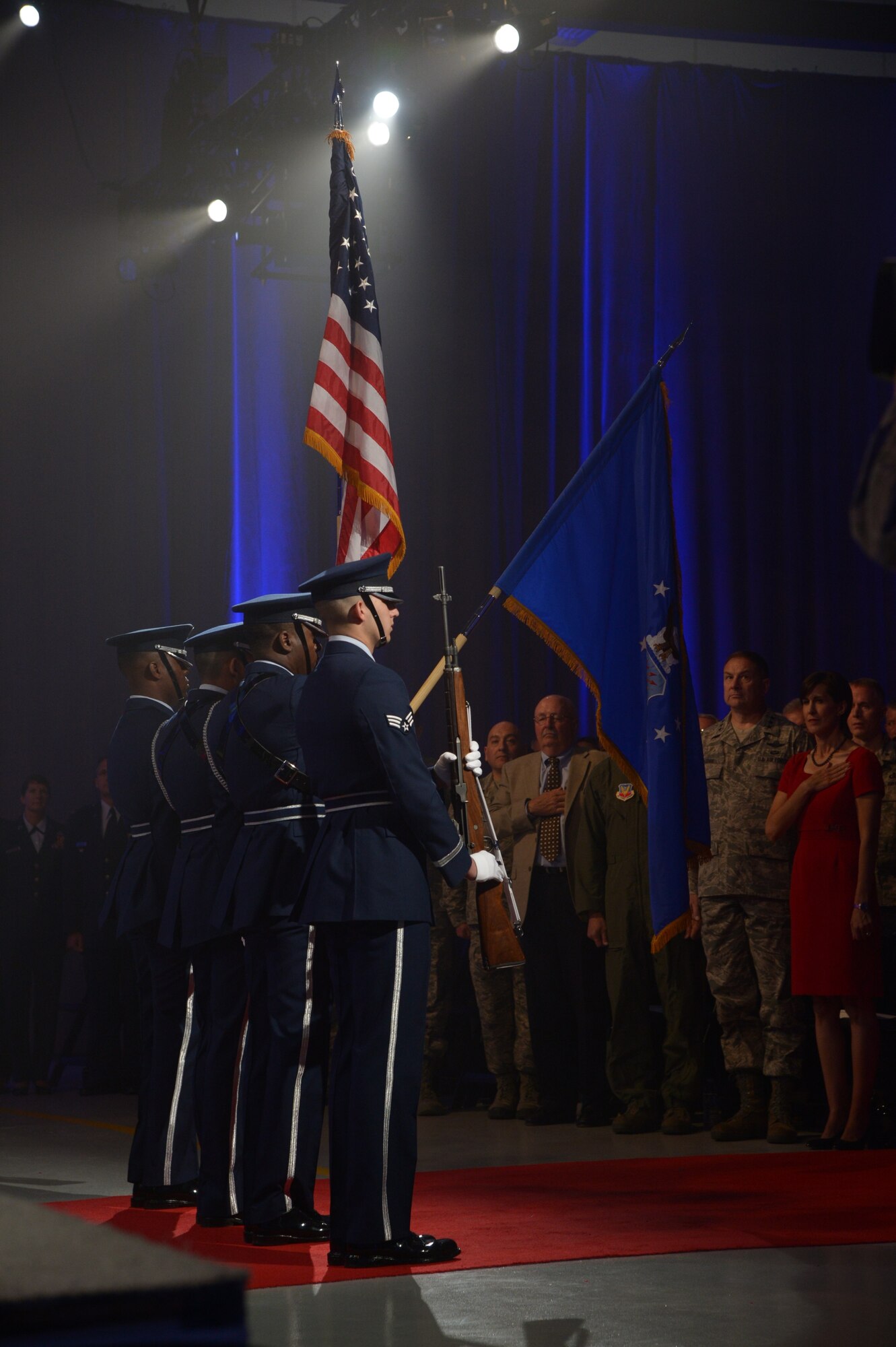 The Hill Air Force Base Honor Guard presents the colors during an F-35A Lightning II aircraft unveiling ceremony Oct. 14 at the base. The unveiling commemorated the beginning of a new era in combat air power at Hill. Ceremony attendees included military leaders, state and local dignitaries, industry partners, and Team Hill Personnel. (U.S. Air Force photo by Alex R. Lloyd/Released)