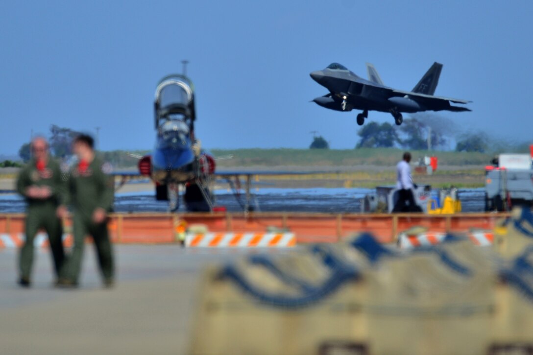 An F-22 Raptor returns to Langley Air Force Base, Va., from a deployment to the Middle East, Oct. 9, 2015. Approximately 200 members of the 1st and 192nd Fighter Wings were assigned to the United States Central Command providing support and stability to the region. (U.S. Air Force photo by Staff Sgt. Natasha Stannard/Released)