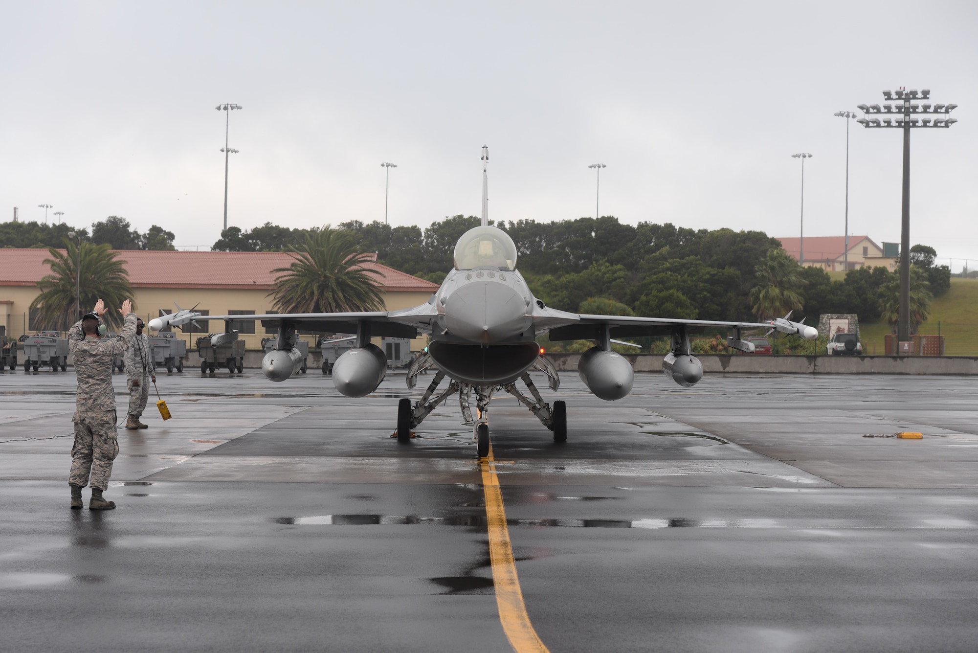 An F-16 from the 100th Fighter Squadron, Montgomery Air National Guard Base, Alabama, transited Lajes Field October 9, 2015. Members of the 100th Fighter Squadron are traveling to Romania to conduct an exercise and training. (U.S. Air Force Photo/Senior Airman Jayson Santoyo)