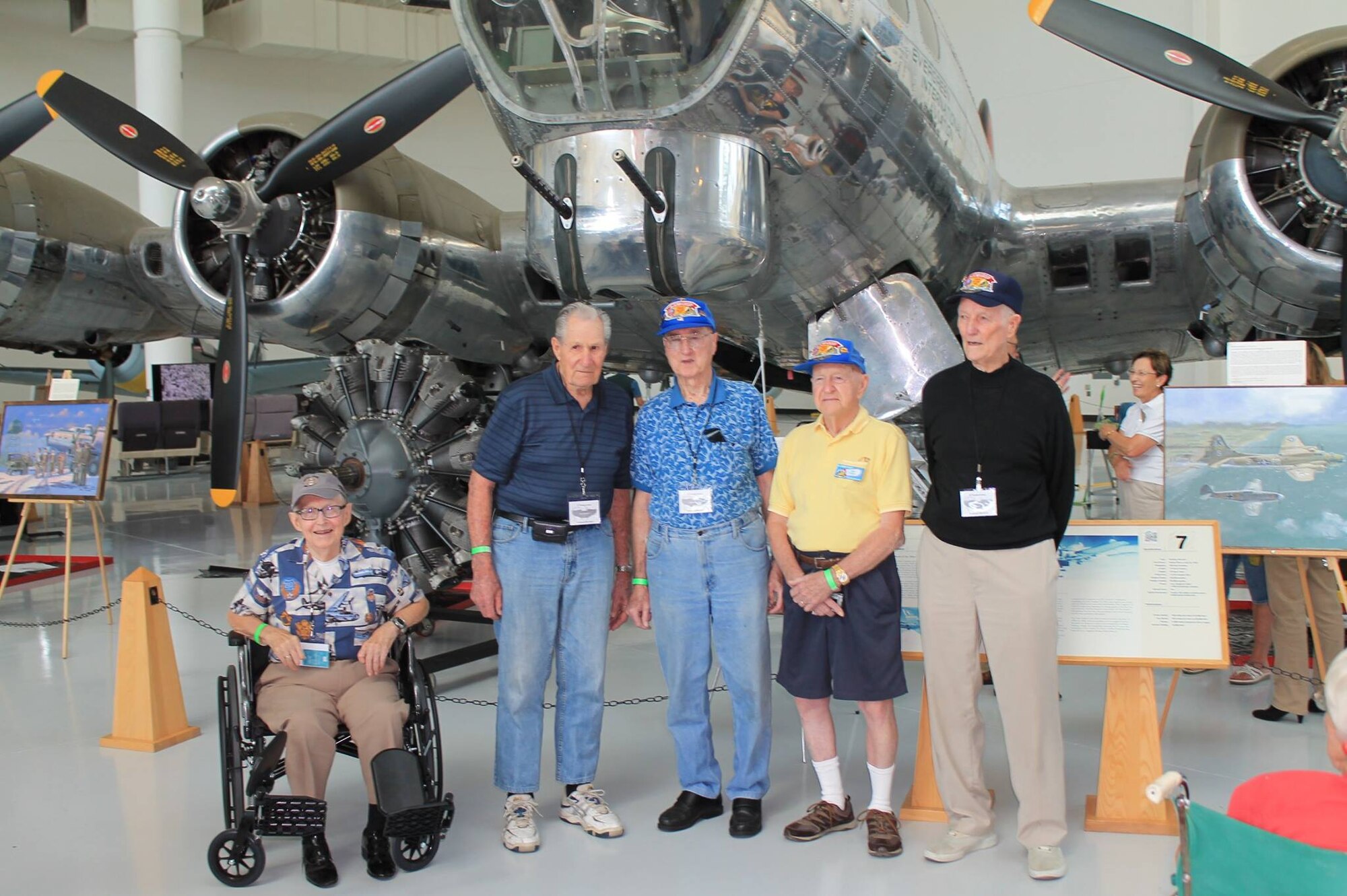 Veterans of the 6th Bomb Group pose for a picture in front of a Boeing B-17G Flying Fortress at the Evergreen Aviation & Space Museum in McMinnville, Oregon, on 11 September 2015.  From left to right are Dick Randall, Ed Vincent, Virgil Morgan, Bob Frick and Warren Higgins.  (Courtesy Mr. Philip Conroy)