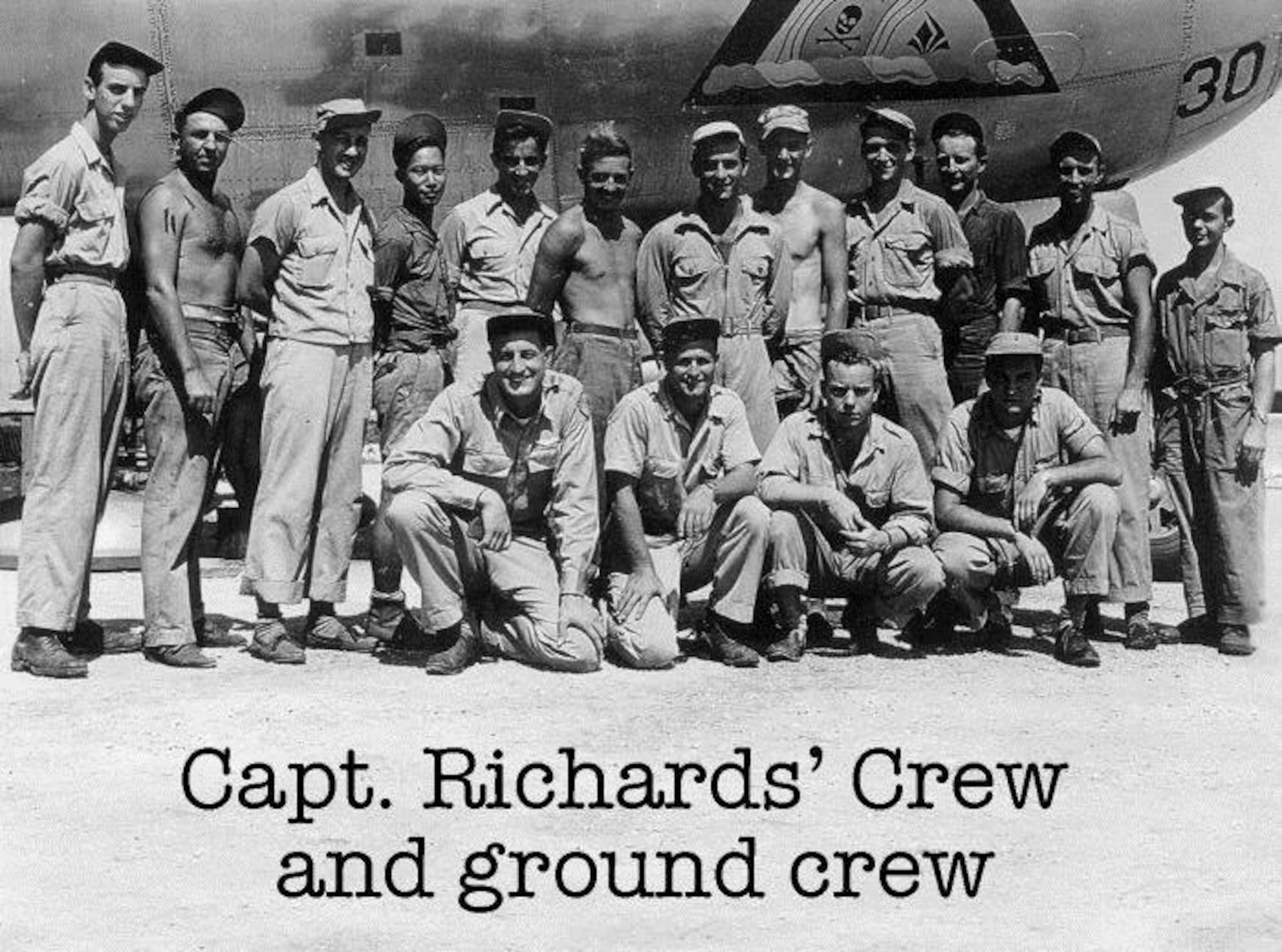 Capt. Jeff Richards, aircraft commander of Crew # 3915, assigned to the 39th Bomb Squadron and flew B-29 Victor 30, "Son of a B-29" was one of the original crews and flew 35 combat missions. Members of aircrew and the servicing ground crew pose for a picture on Tinian during the war.  Mrs. Glenda Richards attended the 6th Bomb Group’s Portland reunion in honor of her late husband.  (Courtesy 6th Bomb Group Association)