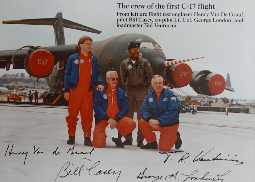 Theodore Venturini (right) is shown with the rest of the crew on the first C-17 flight Sept. 15, 1991, out of Long Beach, California. (U.S. Air Force photo/Rebecca Amber) 