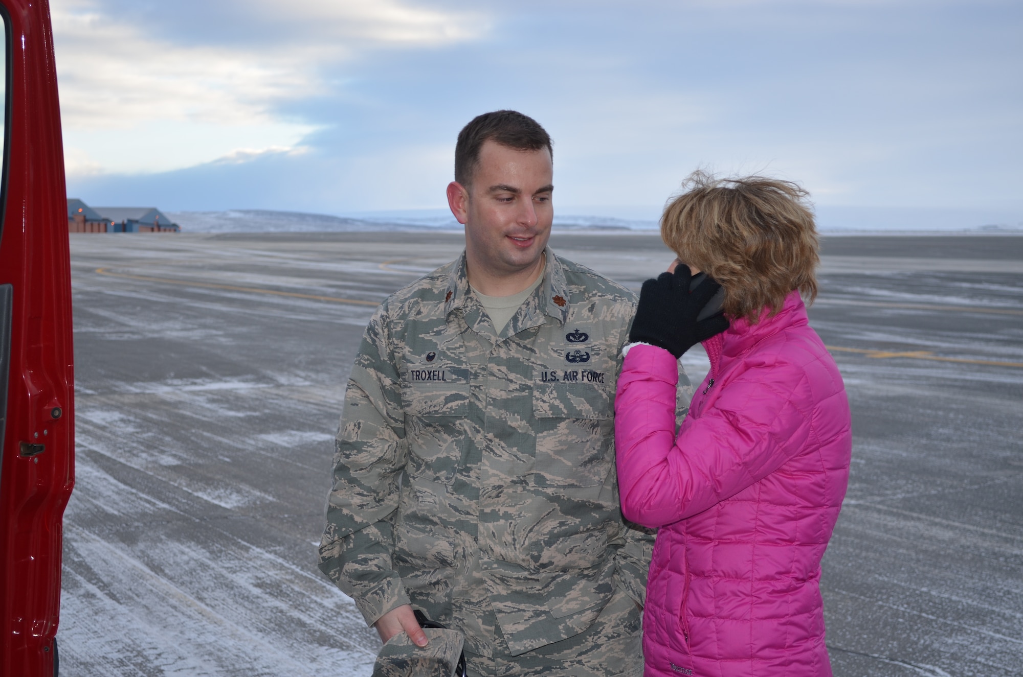 THULE AIR BASE, Greenland - Sen. Lisa Murkowski, R-AK makes a call to the wife of Maj. David Troxell, 821st Support Squadron commander thanking her for letting him serve in such a challenging location. Troxell and his wife Rebekah live in Alaska. (courtesy photo)