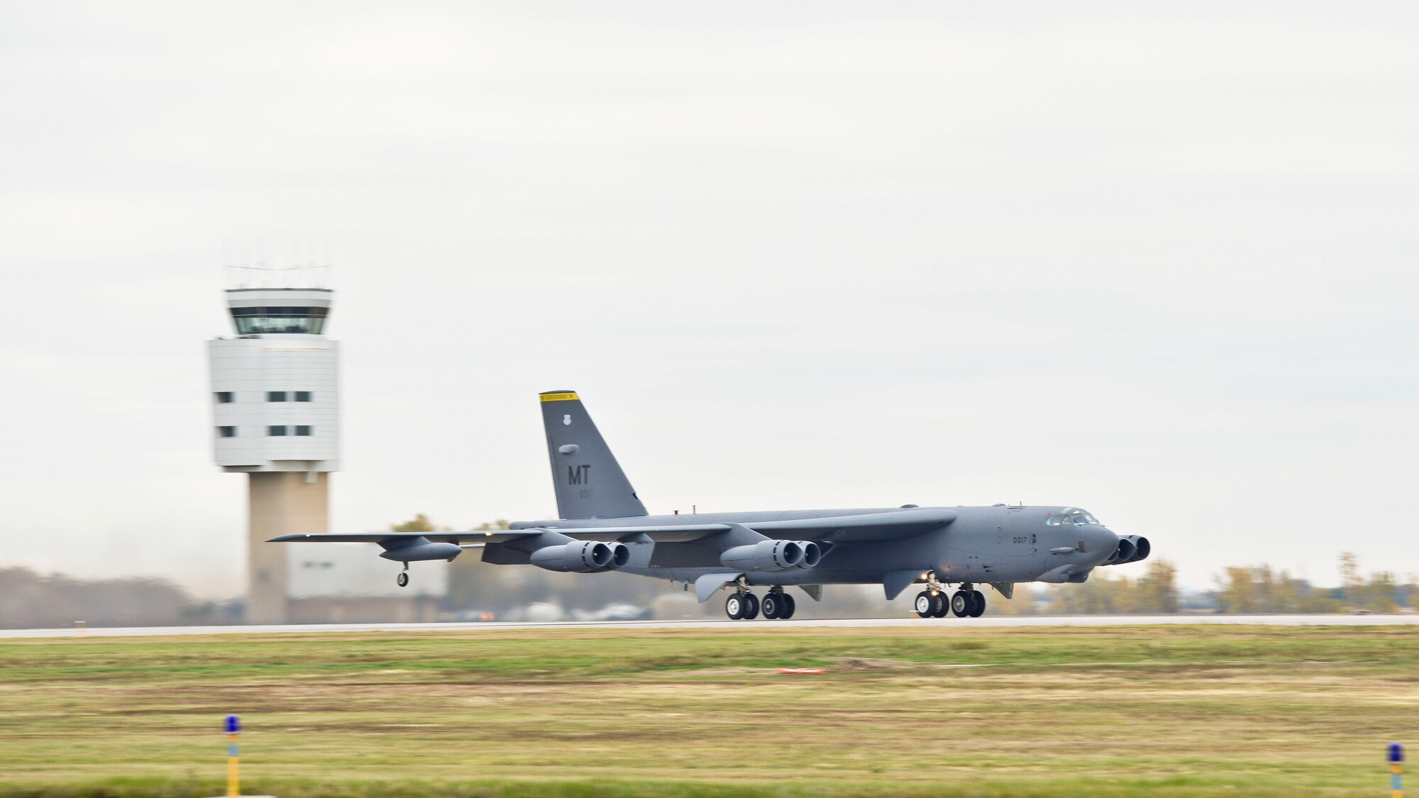 A B-52H Stratofortress takes off during a flyoff at Minot Air Force Base, N.D., Oct. 8, 2015.  The flyoff was a rapid launch exercise to test the 5th Bomb Wing’s ability to swiftly put aircraft in the air. (U.S. Air Force photo/ Airman 1st Class J. T. Armstrong)