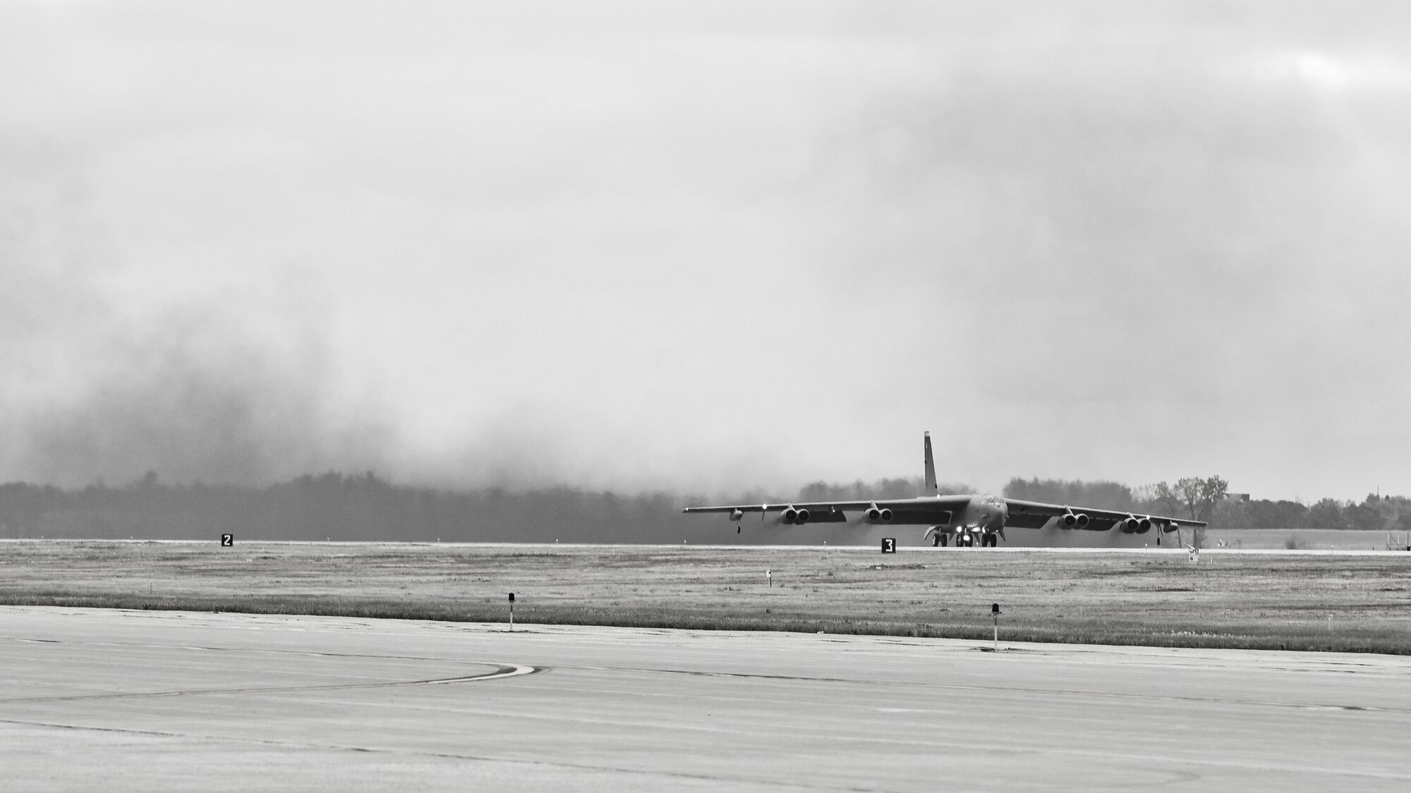 A B-52H Stratofortress takes off during a flyoff at Minot Air Force Base, N.D., Oct. 8, 2015. The flyoff was a rapid launch exercise to test the 5th Bomb Wing’s ability to swiftly put aircraft in the air. (U.S. Air Force photo/ Airman 1st Class J. T. Armstrong)