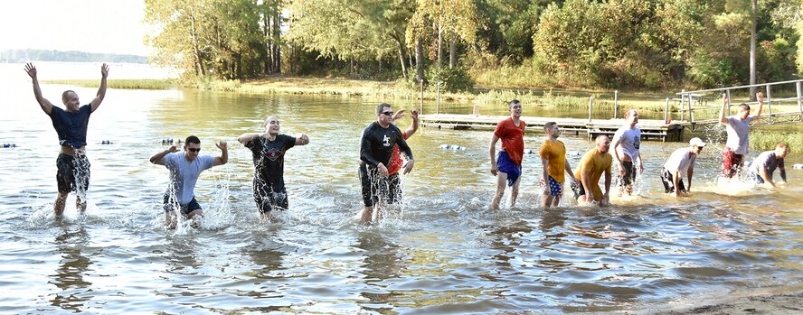 AEDC military personnel participated in the Air Force Team Cohesion Challenge program designed to teach leadership, promote unit cohesion and inspire teams to perform their best. Throughout the event participants wore a backpack filled with 30 to 40 pounds of equipment while completing military-inspired challenges and missions, such as basic training calisthenics, swimming, lifting and marching. (Photos by Jacqueline Cowan)