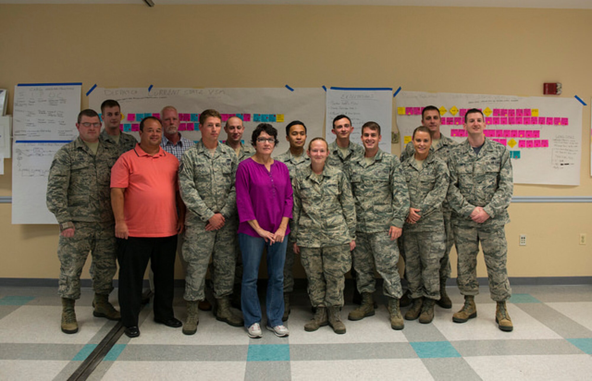 Airmen and Defense Department employees from the AFSO 21 event at Joint Base McGuire-Dix-Lakehurst,N.J. Sept. 25. They spent a week improving inefficiencies in the cargo processing system at the 305th Aerial Port Squadron. (U.S. Air Force photo by Airman 1st Class Joshua King)