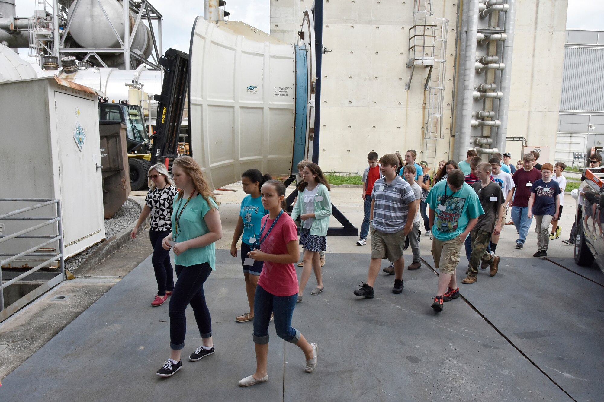 Sons and daughters of AEDC employees were invited to participate in Job Shadow Day July 10. ATA General Manager Steve Pearson welcomes the group by encouraging them to “ask questions throughout the day.” After watching an introductory video the group toured the Propulsion Wind Tunnel, Mark I Space Chamber and the Aeropropulsion System Test Facility C2 test cell. 