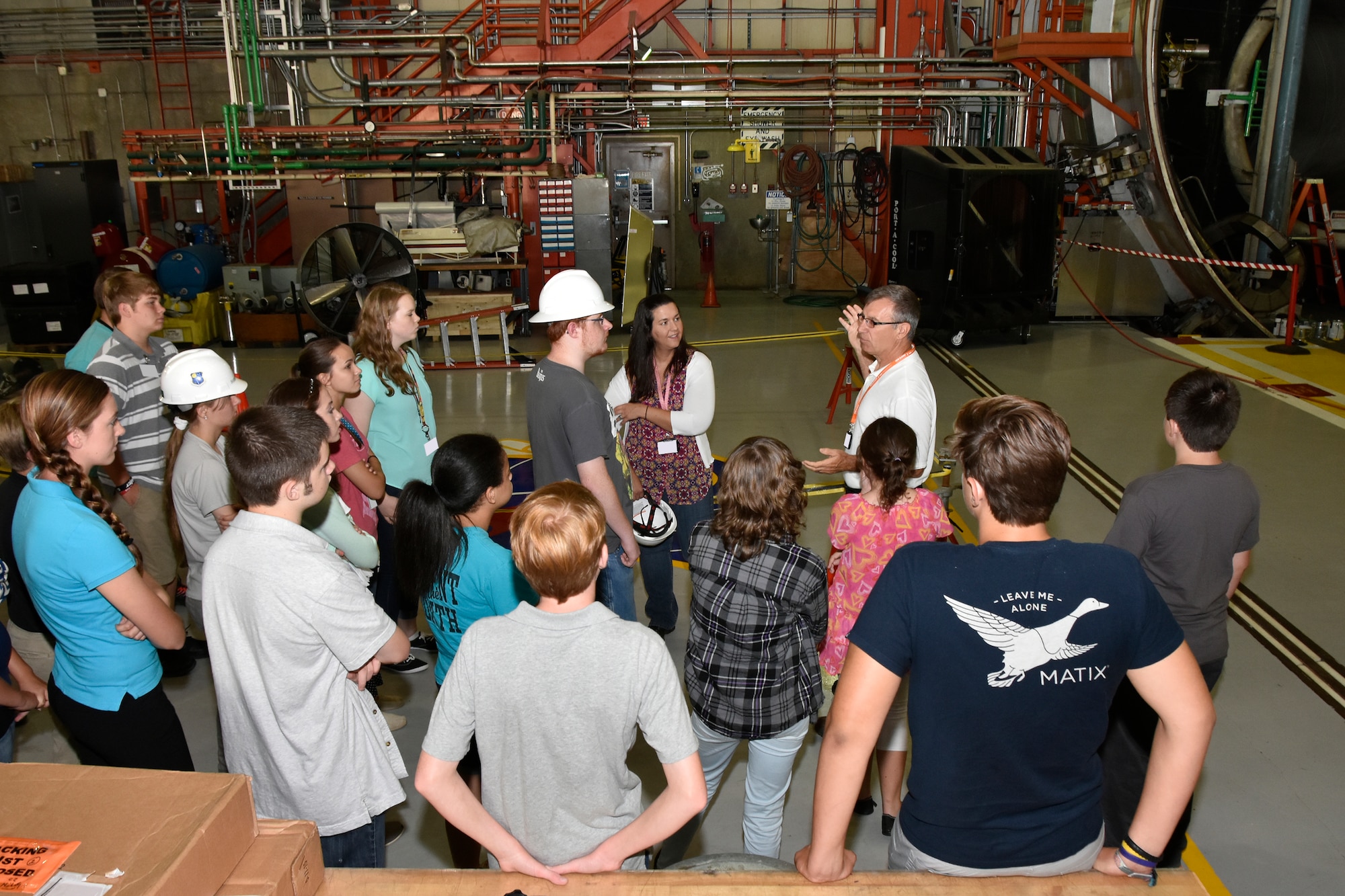 Sons and daughters of AEDC employees were invited to participate in Job Shadow Day July 10. ATA General Manager Steve Pearson welcomes the group by encouraging them to “ask questions throughout the day.” After watching an introductory video the group toured the Propulsion Wind Tunnel, Mark I Space Chamber and the Aeropropulsion System Test Facility C2 test cell. 