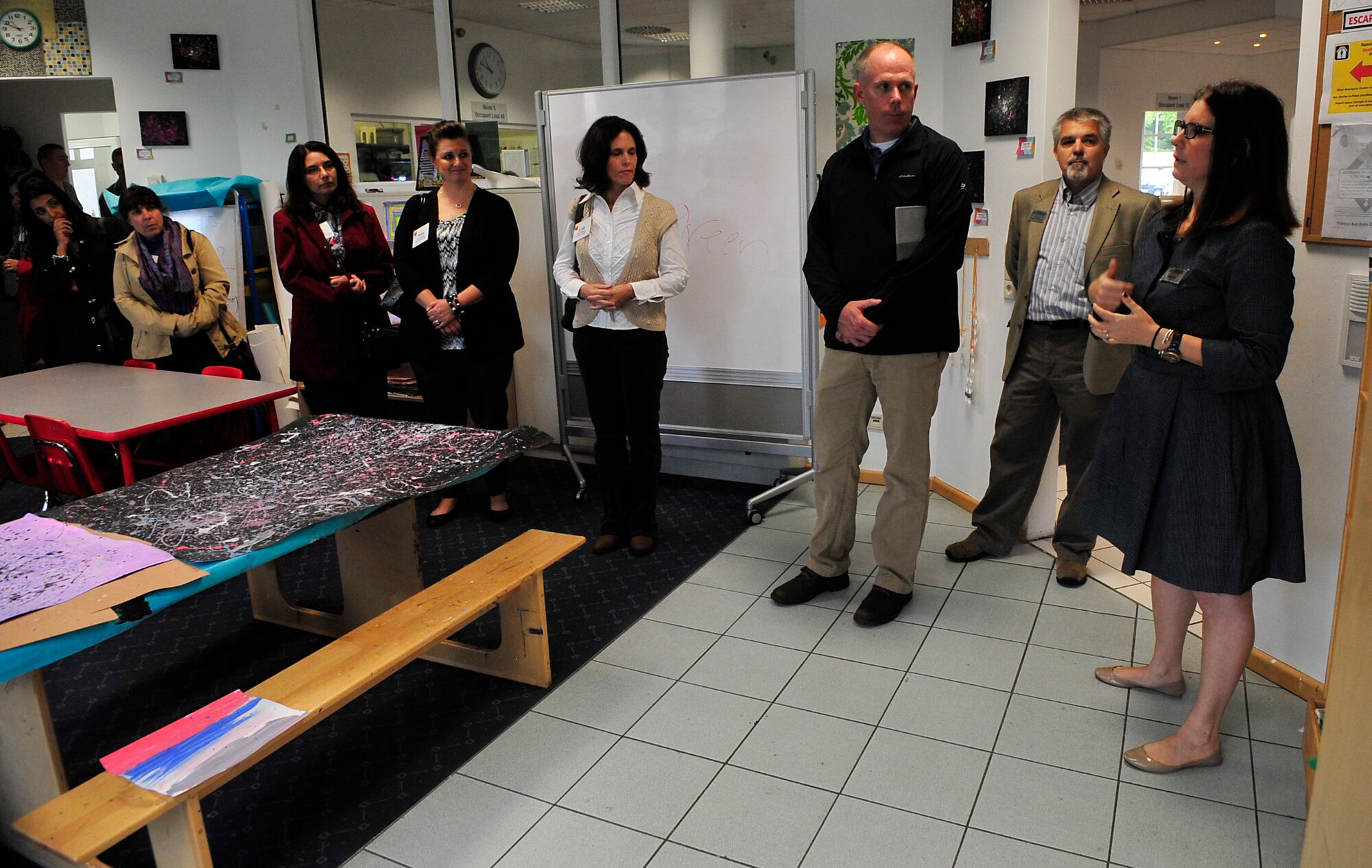 Team Ramstein leaders’ spouses tour the School-Age Program facility Oct. 7, 2015, at Vogelweh Military Complex, Germany. The spouses had the opportunity to see the activities offered to children at the facility such as arts and crafts, sewing and cooking. (U.S. Air Force photo/Airman 1st Class Larissa Greatwood)