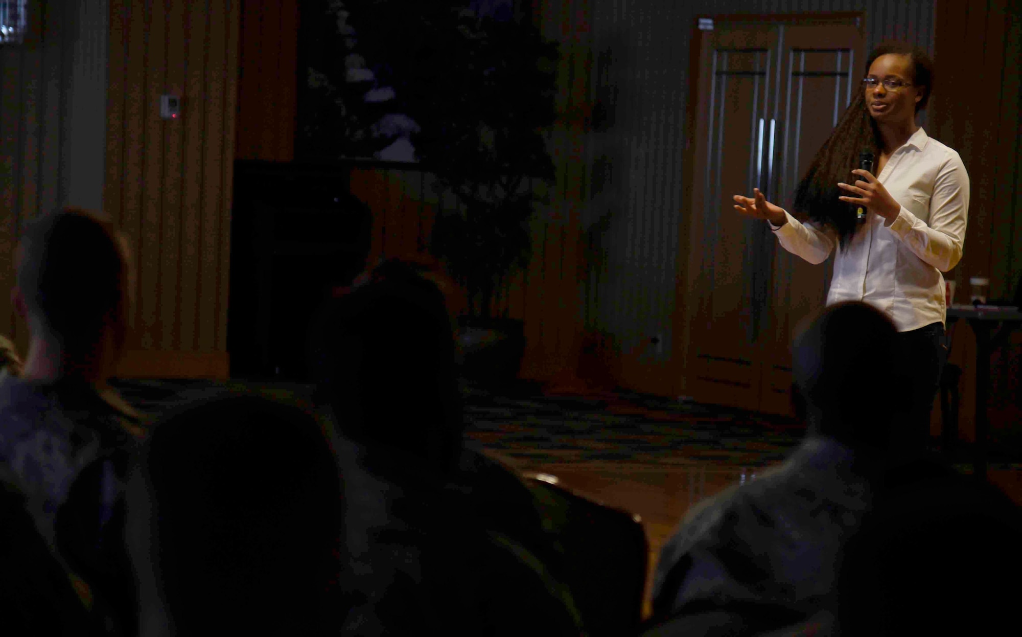 U.S. Air Force Senior Airman Augustine Thompson-Brown, 35th Medical Operations Squadron mental health technician, speaks during Resilient Airman Day at Misawa Air Base, Japan, Oct. 2, 2015. Thompson-Brown told her story highlighting mental resilience and how she overcame hardships in her life. (U.S. Air Force photo by Airman 1st Class Jordyn Fetter/Released)