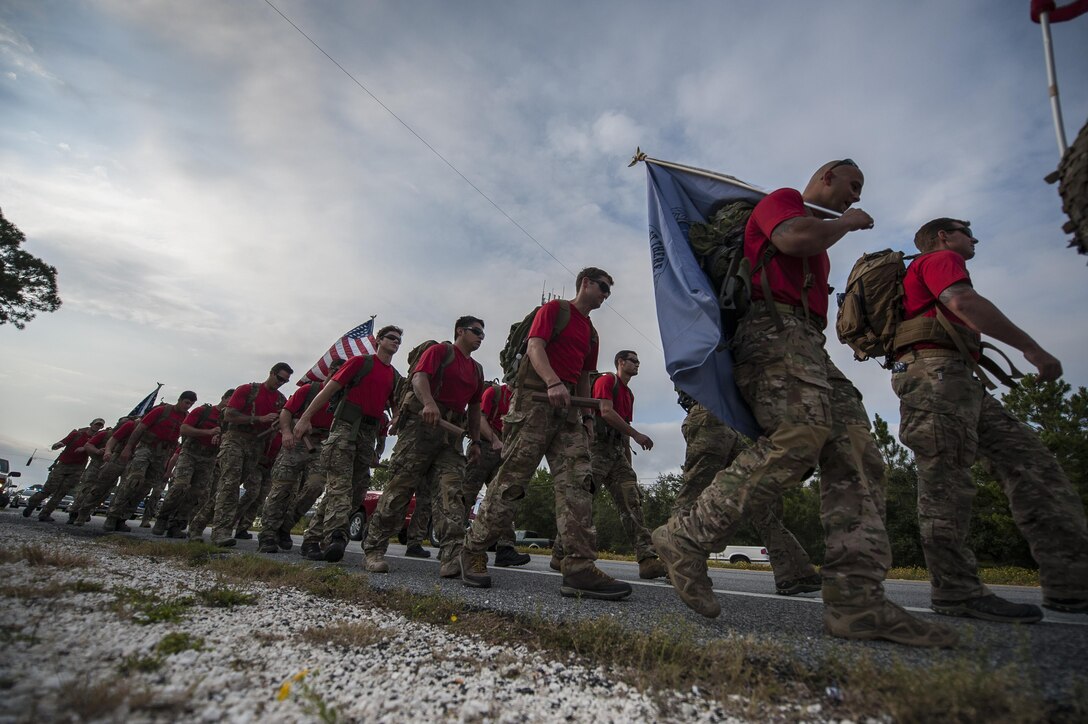 Special Tactics airmen conduct a memorial march to Hurlburt Field, Fla., Oct. 13, 2015. The march, which began Oct. 4 at Joint Base San Antonio, covered more than 800 miles and honored Special Tactics pararescuemen and combat controllers who have been killed in action since 2001. U.S. Air Force photo by Airman Kai White