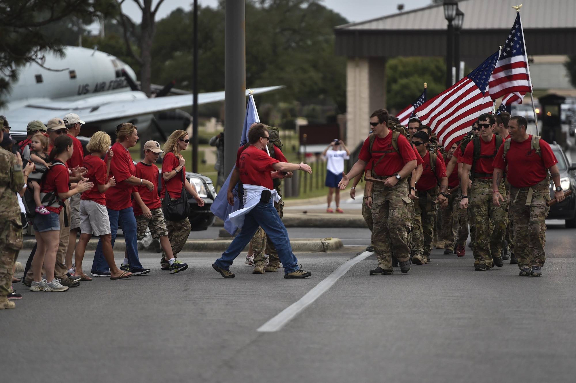 Special Tactics Airmen completed greet Gold Star families after finishing an 812-mile memorial march from Texas to Florida. The memorial march is only completed when a Special Tactics Airmen is killed in action. This march was specifically in honor of Capt. Matthew Roland and Staff Sgt. Forrest Sibley, who were killed in action Aug. 26, 2015.