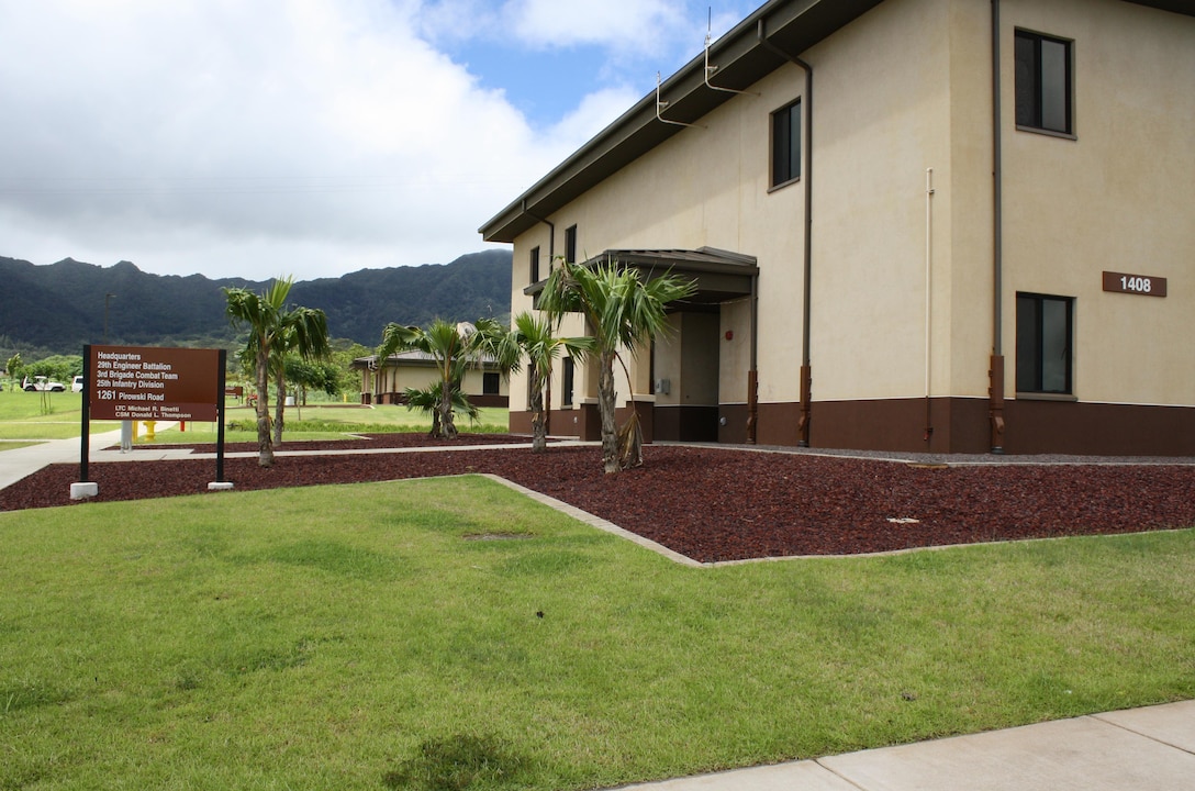 The new 29th Brigade Engineer Battalion (29th BEB) Headquarters is one of the 22 new buildings on Schofield Barracks' 101-acre South Range Road Project area that was built by contractor Joint Venture Dck-ECC Pacific LLC and managed by the Honolulu District. The area is also now home to the 249th Engineer Battalion Prime Power "A" Company, the 19th Military Police Battalion (CID), and the 500th Military Intelligence Brigade.
