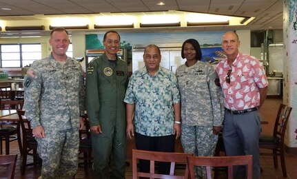 Left to right: U.S. Army Col. Michael M. Larson, U.S. Army Garrison Kwajalein Atoll (USAG-KA) garrison commander; U.S. Navy Adm. Cecil D. Haney, U.S. Strategic Command (USSTRATCOM) commander; President Christopher J. Loeak, President of the Marshall Islands; U.S. Army Command Sgt. Maj. Angela U. Rawlings, USAG-KA Command Sergeant Major; and Ambassador Thomas H. Armbruster, U.S. Ambassador to the Republic of the Marshall Islands, pose for a photo during Haney's visit to Roi Namur, Republic of the Marshall Islands, Oct. 14, 2015. Haney and members of his staff visited the island of Roi Namur as part of his trip to USAG-KA. Roi Namur is located approximately 50 miles north of Kwajalein Atoll and houses the Kiernan Reentry Measurements System (KREMS), a research and development radar site that collects data for intercontinental ballistic missile testing. While visiting the Marshall Islands, Haney received overview briefs on USAG-KA's command structure and the Ronald Reagan Ballistic Missile Defense Test Site. He also had lunch with military members and civilians assigned to U.S. Army Space and Missile Defense Command/Army Forces Strategic Command units at USAG-KA that support USSTRATCOM's strategic deterrence and integrated missile defense missions. One of nine DoD unified combatant commands, USSTRATCOM's global strategic missions, assigned through the Unified Command Plan, also include space operations; cyberspace operations; joint electronic warfare; global strike; intelligence, surveillance and reconnaissance; combating weapons of mass destruction; and analysis and targeting. (Photo courtesy of U.S. Army Garrison Kwajalein Atoll Public Affairs)