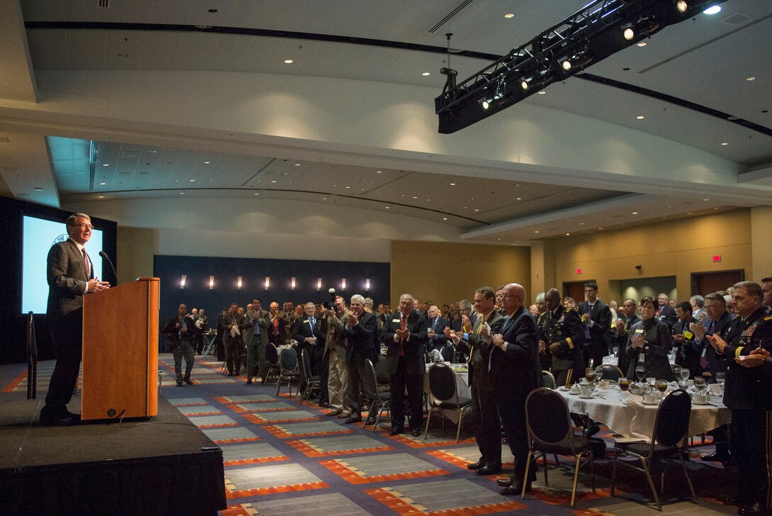 Defense Secretary Ash Carter receives a standing ovation after delivering remarks at the Association of the U.S. Army sustaining member luncheon in Washington D.C., Oct. 14, 2015. DoD photo by Air Force Senior Master Sgt. Adrian Cadiz