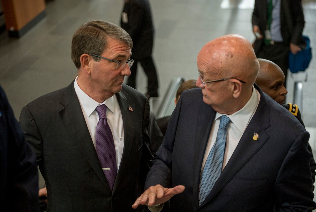 Defense Secretary Ash Carter, left, speaks with retired Army Gen. Gordon R. Sullivan, president and chief executive officer of the Association of the U.S. Army, at the AUSA conference in Washington D.C., Oct. 14, 2015 DoD photo by Air Force Senior Master Sgt. Adrian Cadiz