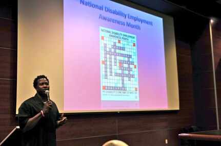 Guest speaker Derrick Felton, director and team leader of Veteran Affairs Readjustment and Counseling Services, Menlo Park, Calif., talks about disability in the workplace during the 63rd Regional Support Command’s National Disability Employment Awareness Month event Oct. 14 at the headquarters auditorium, Moffett Field, Calif.