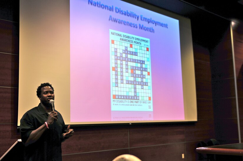 Guest speaker Derrick Felton, director and team leader of Veteran Affairs Readjustment and Counseling Services, Menlo Park, Calif., talks about disability in the workplace during the 63rd Regional Support Command’s National Disability Employment Awareness Month event Oct. 14 at the headquarters auditorium, Moffett Field, Calif.