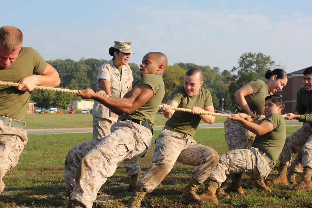 A squad participates in the Tug-of-War challenge at the Combined Federal Campaign kick-off field meet aboard Marine Corps Base Quantico. The event was sponsored by Headquarters and Service Battalion to raise awareness for the CFC, which runs until Dec. 15.