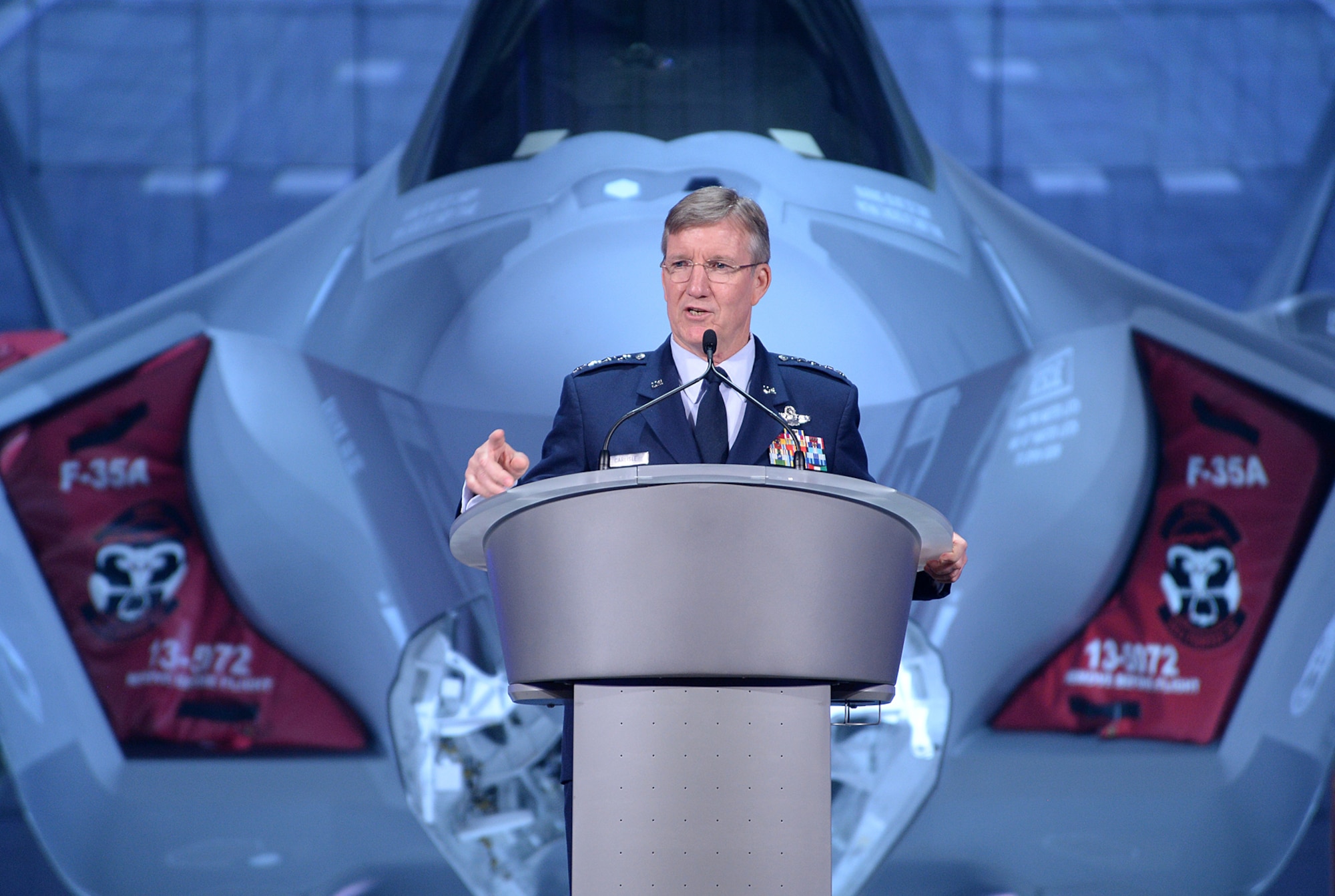 Gen. Hawk Carlisle, the commander of Air Combat Command, speaks at the arrival ceremony for the F-35 Lightning II at Hill Air Force Base, Utah, Oct. 14, 2015. The ceremony marked the formal beginning of F-35 operations at Hill, and commemorated the arrival of the first combat-coded F-35 aircraft which arrived at Hill Sept. 2. (U.S. Air Force photo/R. Nial Bradshaw)