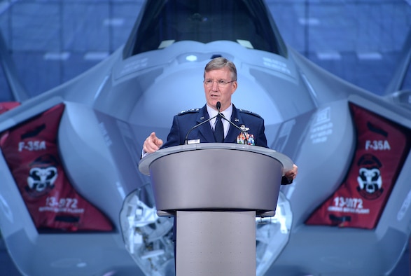 Gen. Hawk Carlisle, the commander of Air Combat Command, speaks at the arrival ceremony for the F-35 Lightning II at Hill Air Force Base, Utah, Oct. 14, 2015. The ceremony marked the formal beginning of F-35 operations at Hill, and commemorated the arrival of the first combat-coded F-35 aircraft which arrived at Hill Sept. 2. (U.S. Air Force photo/R. Nial Bradshaw)