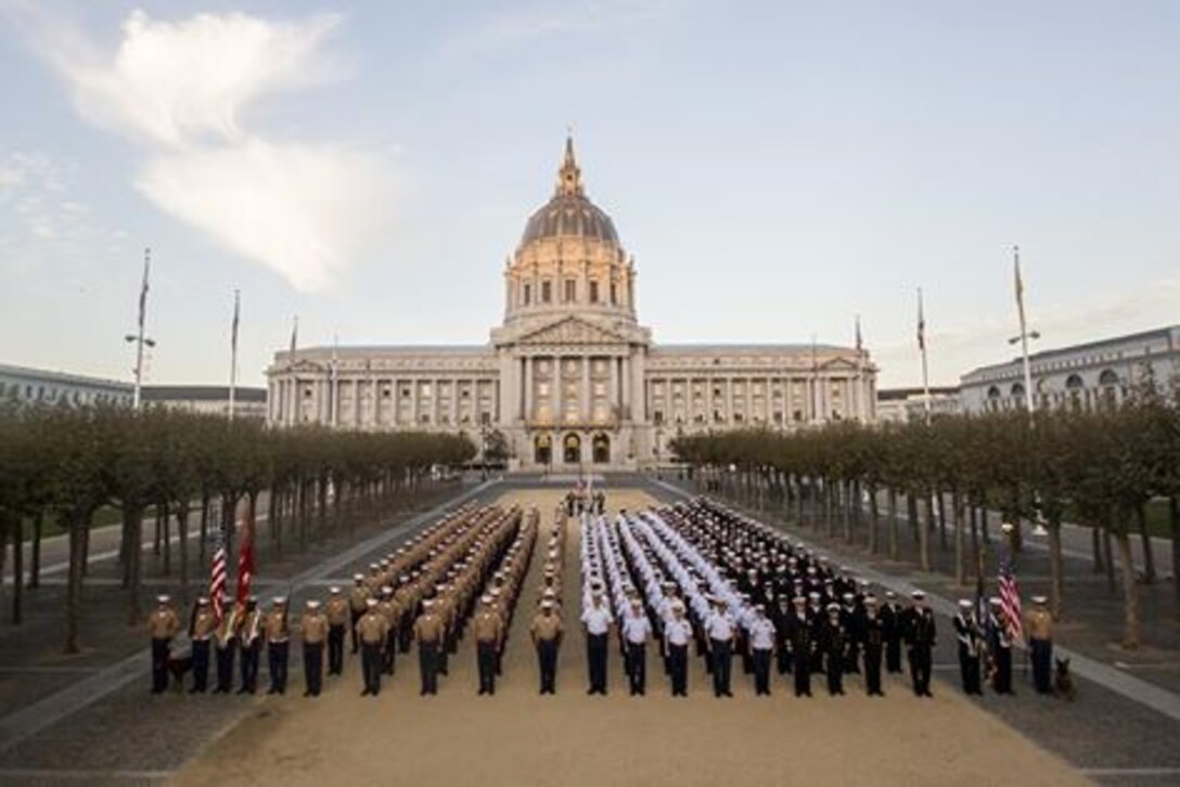 Marines and Sailors with 1st Marine Logistics Group and the 1st Marine Division band during San Francisco Fleet Week.